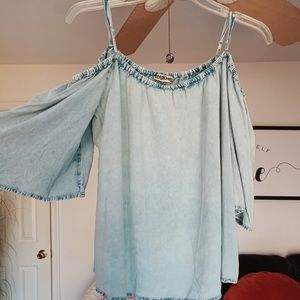 Tramp Off the Shoulder Bell Sleeve Soft Jean Top